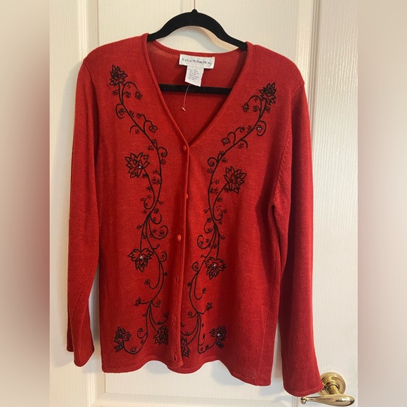 Norton McNaughton Sweaters - Norton McNaughton Red Cardigan with Black Floral Design